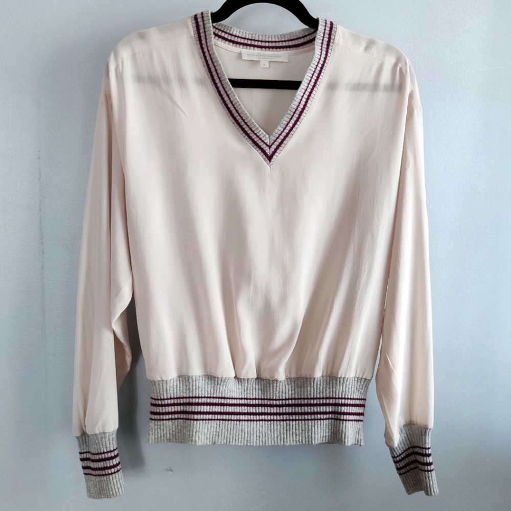 Anthropologie Burning Torch silk & cashmere slouchy v neck blouse in blush pink